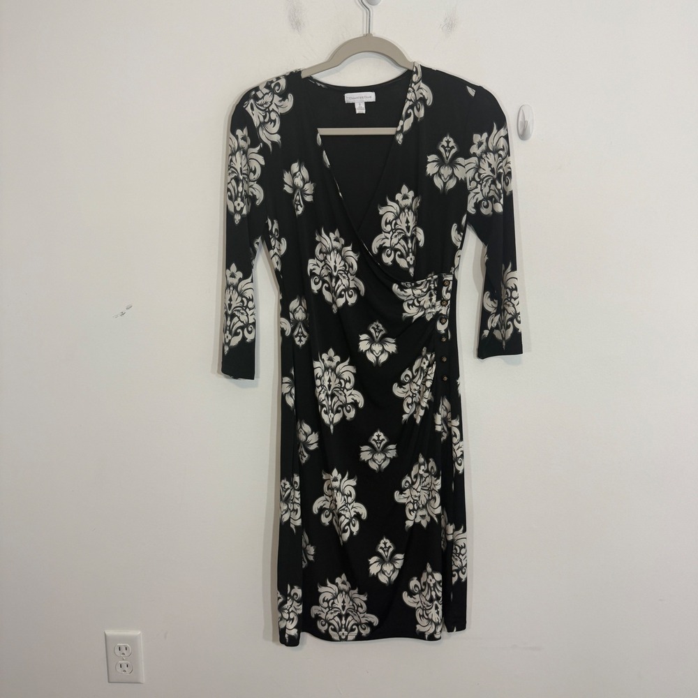 Charter Club Womens Dress S Black White Damask Faux Wrap Ruched Career Classic